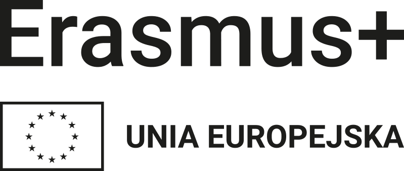Napis "Erasmus+" i "Unia Europejska" z konturem flagi Unii Europejskiej w kolorze czarnym