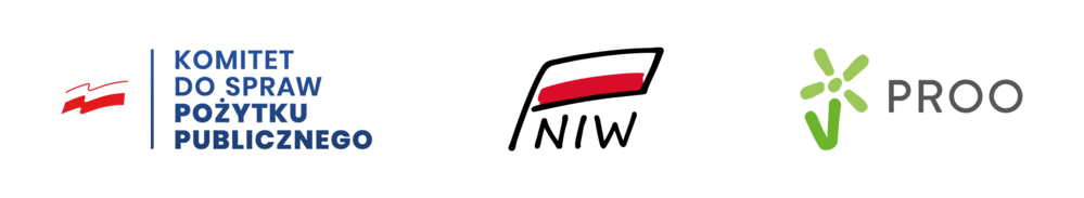 Grafika z trzema logotypami (od lewej): Komitet do Spraw Pożytku Publicznego, Narodowy Instytut Wolności – Centrum Rozwoju Społeczeństwa Obywatelskiego, Rządowy Program Rozwoju Organizacji Obywatelskich PROO na lata 2018-2030