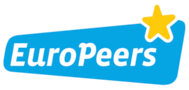 Logo EuroPeers: biały napis „EuroPeers" na niebieskim tle w kształcie nieregularnego prostokąta, z żółtą gwiazdą w prawym górnym rogu.